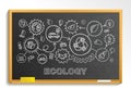 Ecology hand draw integrated icons set on school blackboard