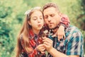 Ecology. Happy family day. little girl and happy man dad. earth day. spring village country. family summer farm Royalty Free Stock Photo