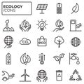 Ecology icons set. Environment protection. Alternative renewable energy. Global warming. Decarbonation. Eco friendly linear sign