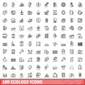 100 ecology icons set, outline style Royalty Free Stock Photo