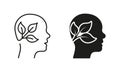 Ecology Idea, Eco Green Thinking Line and Silhouette Icon Set. Plant in Human Head. Leaf and Person Brain Environment