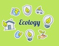 Ecology lettering around icons package green isolated background with modern flat color cartoon style Royalty Free Stock Photo