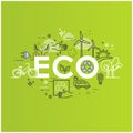 Ecology lifestyle, green energy, recycle. Vector design template in linear style on green background