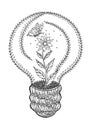 Ecology light bulb hand drawn vector drawing flower and butterfly