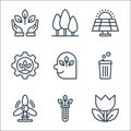 Ecology line icons. linear set. quality vector line set such as flower, test tube, wind power, bin, think, solar panel, forest Royalty Free Stock Photo