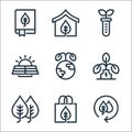 Ecology line icons. linear set. quality vector line set such as recycle, recycle bag, plant leaf, energy, solar panels, test tube