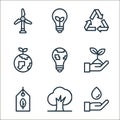 ecology line line icons. linear set. quality vector line set such as save water, tree, eco tag, plant leaf, earth, earth, recycle Royalty Free Stock Photo