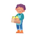 Ecology with Little Boy Character Carry Crate with Ripe Apple Harvest Enjoy Sustainable Lifestyle Vector Illustration