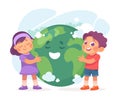 Ecology with Little Boy and Girl Character Embrace Planet Enjoy Sustainable Lifestyle Vector Illustration