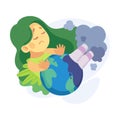 Ecology with Little Girl Character Protect Planet Earth from Factory Pollution and Smoke Vector Illustration