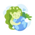 Ecology with Little Girl Character Tender Embrace Planet Earth Enjoy Sustainable Lifestyle Vector Illustration