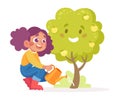 Ecology with Little Girl Character Watering Tree Enjoy Sustainable Lifestyle Vector Illustration