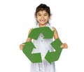 Ecology little girl holding recycle symbol