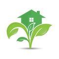Logo of green leaf and house on the top. Ecology nature element vector icon. Royalty Free Stock Photo