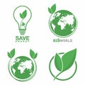 Ecology logo set. Eco world, green leaf, energy saving lamp symbol. Eco friendly concept for company logo Royalty Free Stock Photo