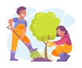 Ecology with Man and Woman Character Planting Tree Enjoy Sustainable Lifestyle Vector Illustration