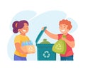 Ecology with Man and Woman Character Sort Garbage for Recycle Enjoy Sustainable Lifestyle Vector Illustration