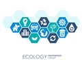 Ecology mechanism concept. Abstract background with connected gears and icons for eco friendly, energy, environment