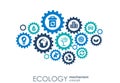 Ecology mechanism concept. Abstract background with connected gears and icons for eco friendly, energy, environment