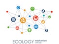 Ecology mechanism concept. Abstract background with connected gears and icons for eco friendly, energy, environment
