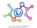 Ecology mechanism concept. Abstract background with connected gears and icons for eco friendly, energy, environment