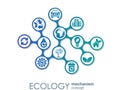 Ecology mechanism concept. Abstract background with connected gears and icons for eco friendly, energy, environment