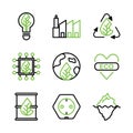 Ecology and natural icon set outline include light blub, leaf, electricity, ecology factory, green, building recycle, eco, ecology