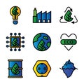 Ecology and natural icon set outline include light blub, leaf, electricity, ecology factory, green, building recycle, eco, ecology