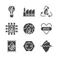 Ecology and natural icon set glyph include light blub, leaf, electricity, ecology factory, green, building recycle, eco, ecology,