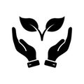 Ecology Organic Seedling Silhouette Icon. Flower Leaf Care in Palm Sign. Plant in Human Hand Glyph Pictogram. Growth Eco