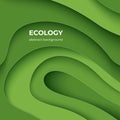 Ecology paper cut poster. Green eco abstract 3D layer background with origami shapes, minimal color paper cutout flyers