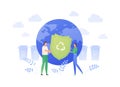 Ecology planet protection concept. Vector flat people llustration. Family couple holding green recycle sign shield on earth globe Royalty Free Stock Photo