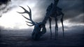 Ecology pollution concept. Dirty dark atmosphere. Deer skeleton. Ecological problem. Factory smoke. 3d rendering.