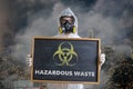 Ecology and pollution concept. Man in coveralls is warning against hazardous waste Royalty Free Stock Photo