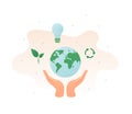 Ecology protection concept. Vector flat illustration. Hand holding planet earth sign with leaf, recycle symbol and lightbulb