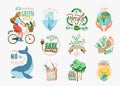 Ecology and recycle quotes set. Save environment vector illustration in flat cartoon style with earth, girl on bike