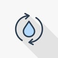 Ecology Recycle With Water Drop thin line flat color icon. Linear vector symbol. Colorful long shadow design.