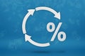 Ecology, recycling symbol and percent sign, white arrows form a circle. 3D image on a blue background. Green products Royalty Free Stock Photo