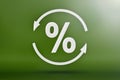 Ecology, recycling symbol and percent sign, white arrows form a circle. 3D image on a green background. Green products