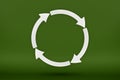 Ecology, recycling symbol, white arrows form a circle. 3D image on a green background. Green products, green renewable