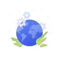 Ecology science planet logo concept. Vector flat llustration. Earth blue globe with gear wheel and green leaf sign isolated on Royalty Free Stock Photo