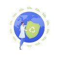 Ecology science planet protection concept. Vector flat people llustration. Female scientist holding green recycle sign shield on