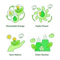 Ecology set collection renewable energy hydro power save nature clean nuclear white isolated background with green theme