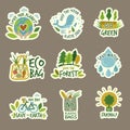 Ecology. Stickers with green planets eco environment friendly ecology save earth recent vector badges collection