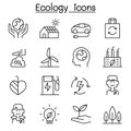 Ecology, Sustainable design, conservation, eco friendly design icon set in thin line style
