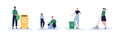 Ecology volunteering concept. Vector flat person illustration set. Diverse male and female group of volunteers collect garbage.