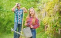 Ecology. Watering can and shovel. spring village country. family farm. little girl and happy man dad. earth day. father Royalty Free Stock Photo