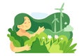 Ecology with Woman Character with Green Hair and Foliage as Sustainable Lifestyle Vector Illustration