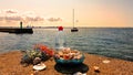 Ecology Wonderful world Wild flowers fresh water in clean Baltic Sea seashell on rock i blue glass cup and bott