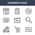 9 ecommerce basic icons pack. trendy ecommerce basic icons on white background. thin outline line icons such as discount, search,